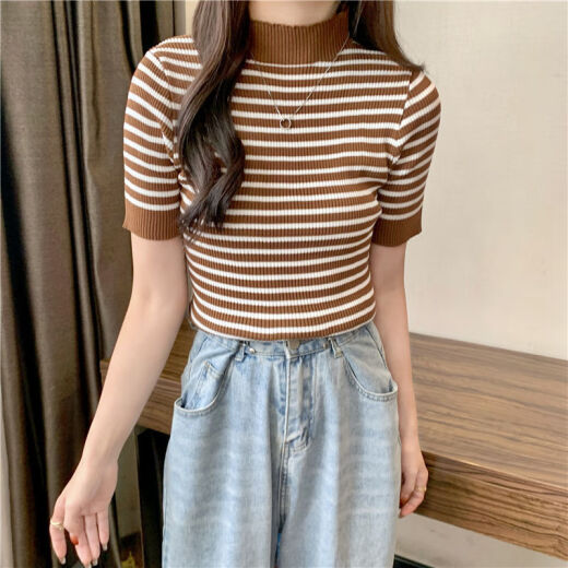 RWNNVI条纹薄款针织衫女2025新款夏季复古港味半高领短袖T恤别致上衣潮 13063黑条 均码 (70-125斤可穿)