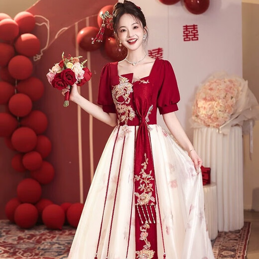 丽佰昕中式敬酒服新娘新款2025夏季订婚结婚礼服裙女高端纱裙回门晚礼服 酒红色 L 建议105-110斤