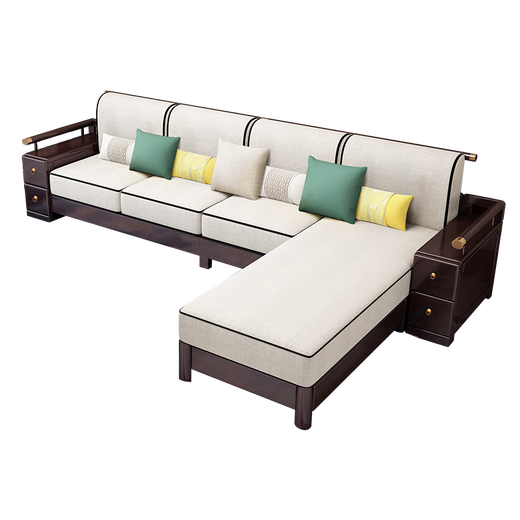 Salon de canapé en bois massif zihua Nouveau coin chinois Conccubine Fabbine combinaison meuble d'appartement de luxe léger haut de gamme 9902 siège à quatre personnes consécutives + tiroir table basse [cadre] couvercle de lin en coton