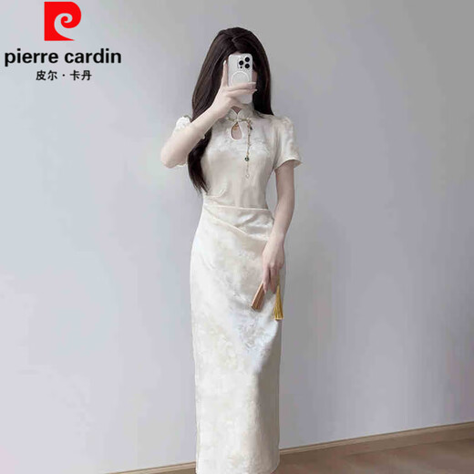 Pierre Cardin cheongsam 2025 new temperament young style national style silk dress daily new Chinese style girl summer dress pear white-cheongsam S