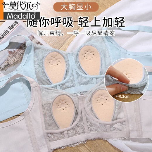 莫代尔大胸显小内衣女夏季款全罩杯兔耳朵性感蕾丝透气防下垂文胸罩 水蓝+水蓝  M 34/75B (薄约0.2c)