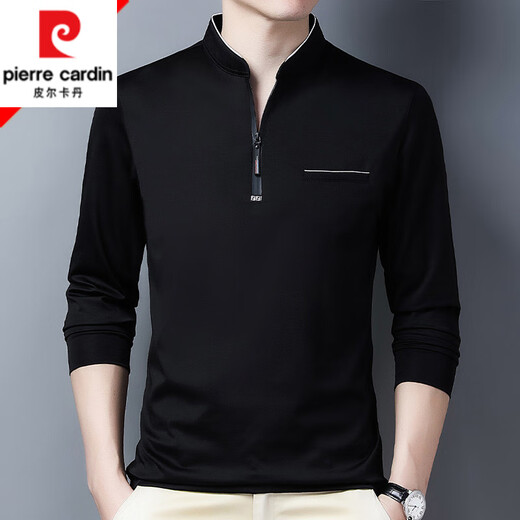 皮尔卡丹（pierre cardin）纯棉长袖t恤男春秋季休闲薄款体恤中年男装立领打底衫上衣 长袖6623黑色 薄款 M 165建议120斤以内