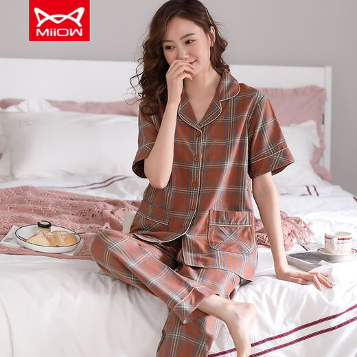 猫人 MIIOW新款睡衣女夏纯棉短袖长裤纯棉中年妈妈薄款可外穿家居服套装 R:2102 9922 M 建议【80-斤】