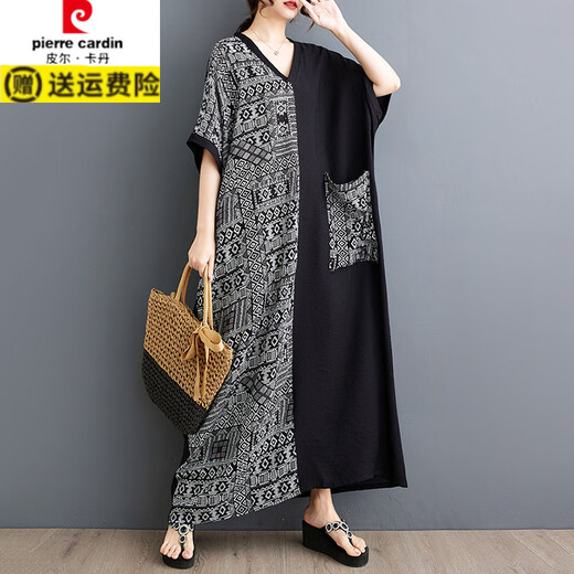 皮尔卡丹（pierre cardin）胖MM薄棉麻印花拼接遮肚显瘦v领短袖撞色长款连衣裙 9856#蓝色拼接 均码 大100-200斤