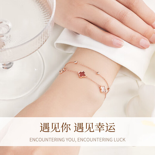 Zhen Shang Silver Four-leaf Clover Silver Bracelet Girls Birthday Gift Women's Light Luxury High-End Jewelry Practical for Your Girlfriend S925 Four-leaf Clover Bracelet-Red Agate