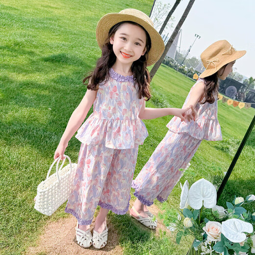 女童夏季薄款套装2025新款宝宝夏季背心阔腿裤两件套儿童时15xk56 紫色 140 码