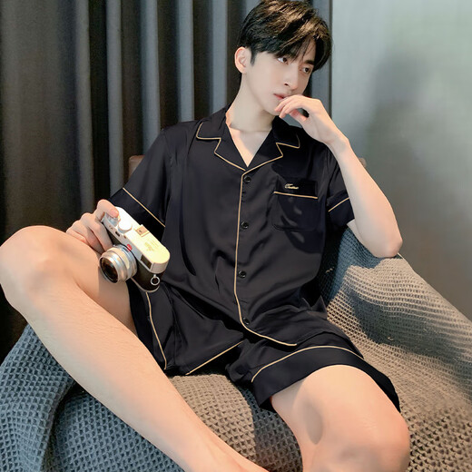 Yalu pajamas men's summer thin ice silk short-sleeved teenagers can wear men's 2025 new home clothing suit Kuangye Hei [new style of the season in progress.] M Recommended height is about 165, weight is 90-110