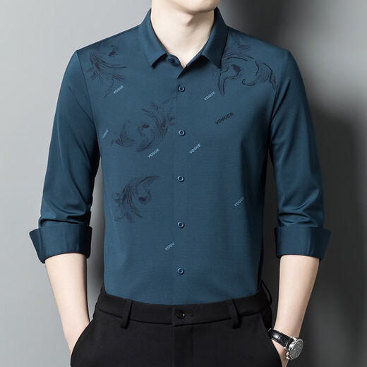 Seven Wolves Spring 2025 Men's Markless Shirt Middle-aged Outdoor Business Long Sleeve Lapel Print Trendy and Versatile FC-LB6627 Dark Green M -165
