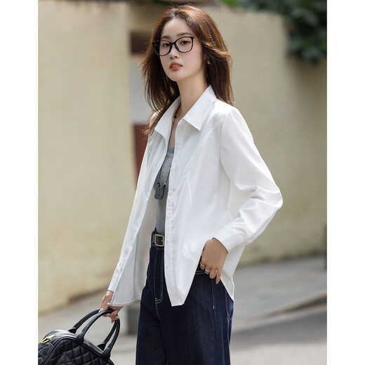 Demana Commuting Comfort Zone Autumn minimalist style lapel shirt design stitching vertical cut flesh-covering shirt women's tops