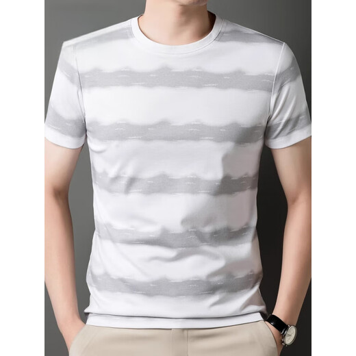 
KOOSHI luxury round neck short-sleeved T-shirt for men's summer new trendy striped half-sleeved top fashionable casual T-shirt for men 3692 white M [90-110Jin [Jin equals 0.5 kg]]