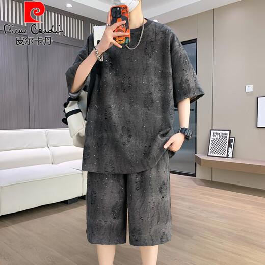 皮尔卡丹夏季薄款酷帅套装男2025年新款帅气穿搭一套短裤短袖t恤休闲运动 T6630咖啡套装 M 90-110斤