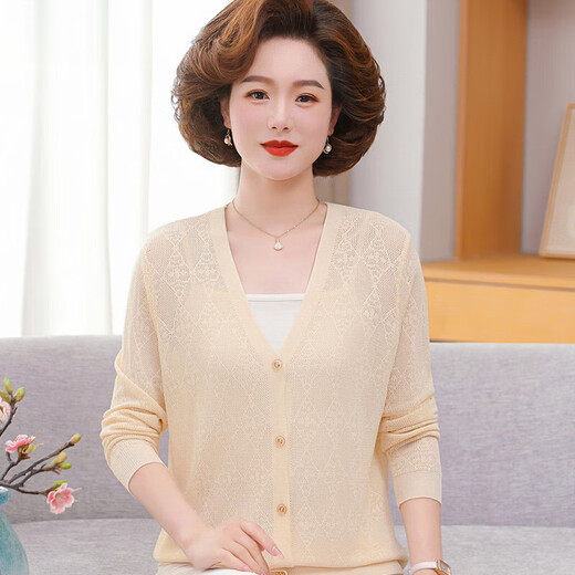 Hengyuanxiang mother ice silk sunscreen knitted cardigan for women in summer middle-aged women in summer shawl jacket thin outer air conditioning shirt off white 3XL