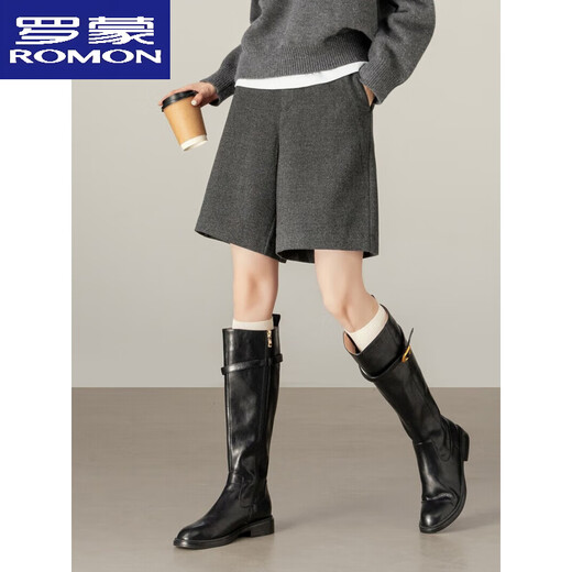 ROMON gray woolen shorts for women autumn and winter 2025 new high-end casual straight pants suit woolen five-quarter pants dark gray L