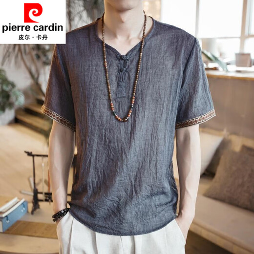 Pierre Cardin T-shirt en lin brodé pour hommes chinois de style chinois pour hommes à manches courtes à manches courtes de grande taille et en lin 686 noir 3xl noir 3xl