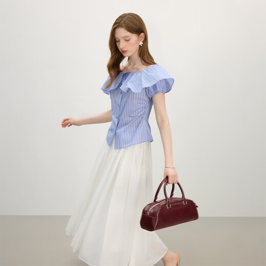
Fan Silann can wear ruffled ruffles for two goddess-sensual slim short-sleeved shirt for women in summer 2025 new design top 2690 bright silk blue stripes M