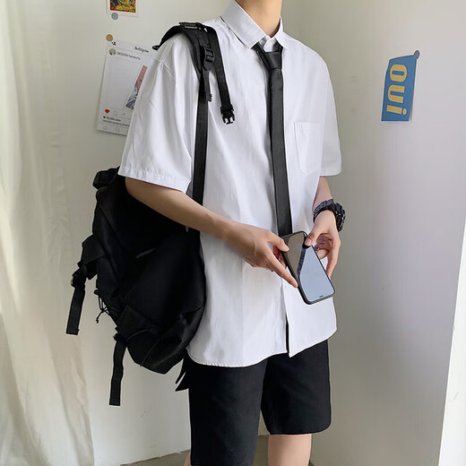 【宽松韩版】夏季领带短袖白衬衫男泰国学院风衬衣百搭上衣服学生 WB-C18【白色】 L
