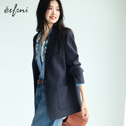 Eveli Tencel and linen blended herringbone design loose silhouette suit jacket for women 2025 autumn new style dark navy S