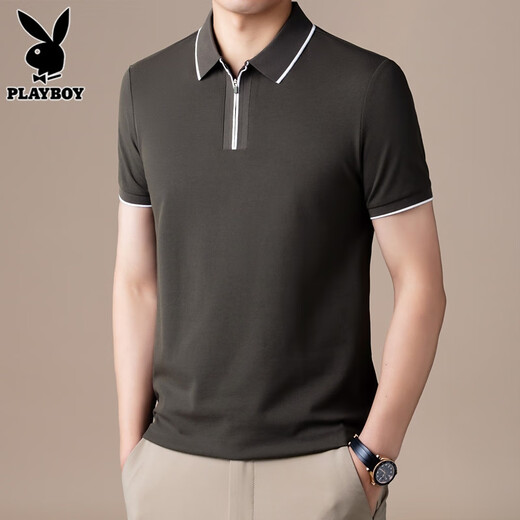 花花公子（PLAYBOY）高端半拉链Polo衫男士短袖t恤夏季新款宽松冰丝半袖上衣服男T舒适 FYMB9276草绿色 3XL 【161-170斤】