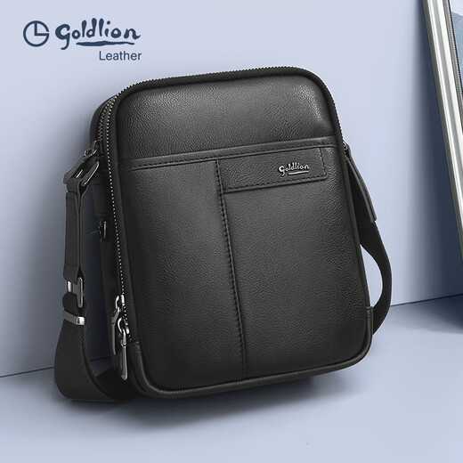 GOLDLION G+金利来男包新款牛皮单肩包简约时尚斜挎包男真皮青年休闲小包 黑色