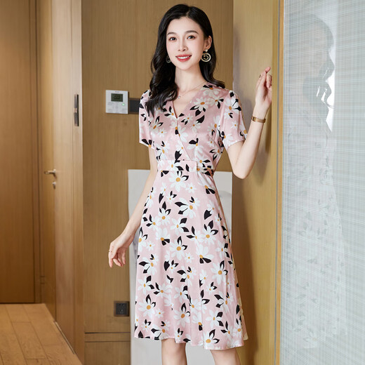 Ehangy国际高端轻奢连衣裙女装夏季2025新款收腰显瘦印花舒适桑蚕丝裙子 粉红色【高端礼盒】 L