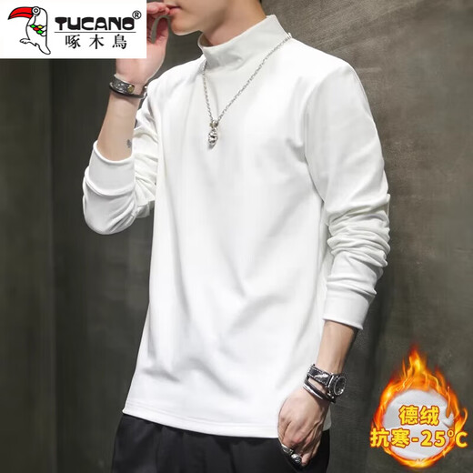 Woodpecker long-sleeved T-shirt for men 2025 autumn and winter new style plus velvet thickened half turtleneck bottoming shirt warm slim fit German velvet top for men 2162 white XL recommended 120-145Jin Jin equals 0.5 kg