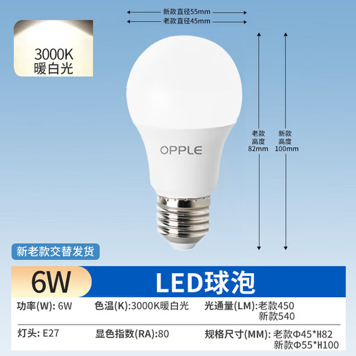 OPPLE LED energy-saving light bulb E27 screw bulb 6W-yellow 3000K 1-pack high-power light source ultra-bright high color rendering bulb