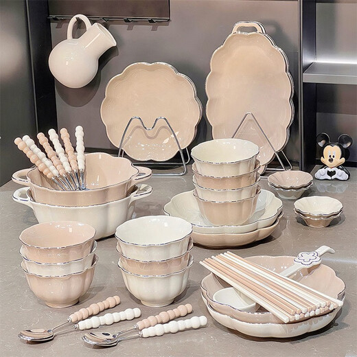 Songjia Underglaze colored bol maison Nouveau bols d'assiette en céramique bols et baguettes combinaison ménage de créneaux de ménage bols de vaisselle et assiette à l'or 4 à 6 personnes Boîte cadeau alimentaire 1355