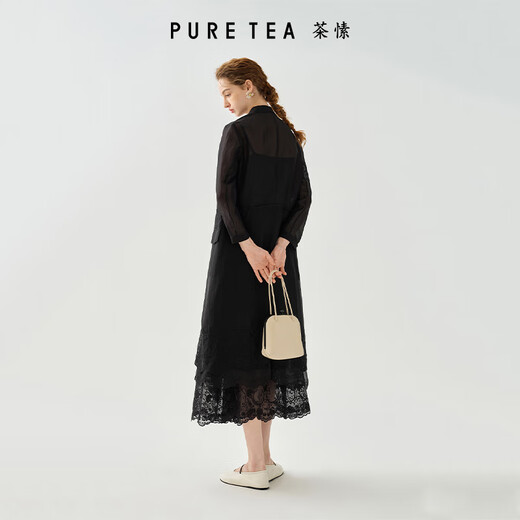 茶·愫【静奢千金】puretea茶愫西装翻领鸢尾花刺绣大摆量长外套25夏新 石墨黑 S