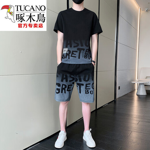 啄木鸟（TUCANO）休闲套装男士夏季短袖t恤polo衫短裤冰丝潮牌棉质帅气百搭上衣服 黑色9863（一套） M