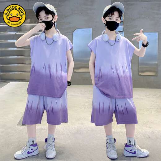 G.DUCK男童背心夏装套装2025新款网红儿童夏季无袖运动服薄款中大童夏款 TZK687-绿色套装 140 建议身高130-140厘米