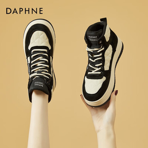 达芙妮（DAPHNE）厚底高帮老爹鞋女新款女鞋春秋款百搭学生休闲运动熊猫板鞋 黑色 单层 跟高4.5cm 38 (240mm)