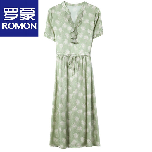 Romon (Romon) Mode gedruckte kurzärmelige modische Seidenkleidung für Frauen 2025 Sommer Mode Casual Luxus Satin Over-Knie Long Rock Green L.