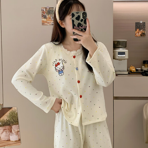 KNFN带胸垫睡衣女款秋冬德绒甜美波点2024新款保暖薄绒少女家居服套装 2677-9彩色圆点kt猫 M 码80-100斤