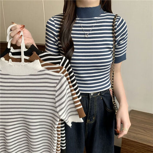 Rwnnvi gestreiftes dünner Pullover für Frauen 2025 Neuer Sommer Retro Hong Kong Flavor Haly High Neck Kurzärärmelte T-Shirt Chic Top Trendy 13063 Schwarze Streifen One Größe (70-125jin [Jin gleich 0,5 kg] kann getragen werden)