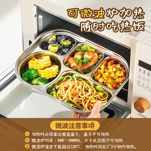 美厨（MAXCOOK）304不锈钢快餐盘饭盒带盖食堂餐盘打饭盘菜盘学生饭盒分格餐盒 五格带盖餐盘卡皮巴拉 MCWA7374