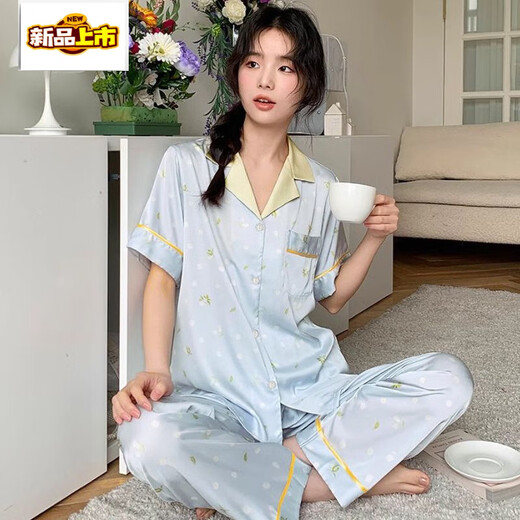 Chuzhi Ice Silk Pyjamas Frauen Frühlings- und Herbst-Sommer-Kurzärmelhosen dünne kühle und süße Love Home Clothing Set YFY9905# L [Vorgeschlagen 100-115jin [Jin gleich 0,5 kg]]