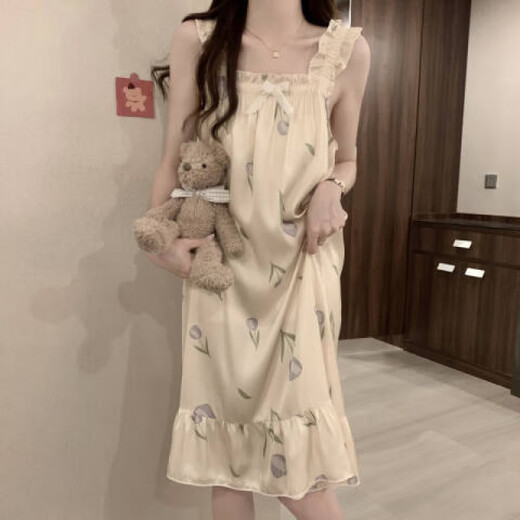 樵廿吊带睡裙女士甜美可爱夏季薄款冰丝凉感少女带胸垫睡衣公主家居服 1355吊带裙 草莓小花 (带胸垫) M 160