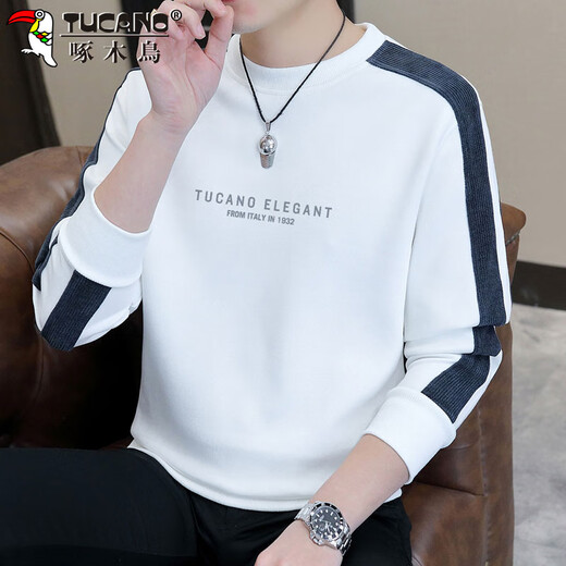 Woodpecker (TUCANO) sweatshirt men's casual round neck long-sleeved t-shirt men's bottoming shirt autumn and winter coat loose top white XL