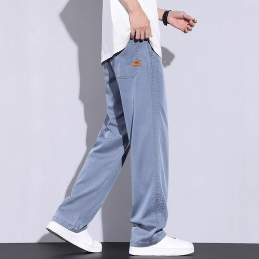 GLM ice silk jeans men's summer thin loose straight American high street trendy brand wide-leg casual long trousers 1048 gray M