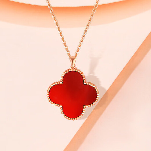 Man Fuxiang 18K gold four-leaf clover necklace color gold rose gold pendant gold clavicle chain Chinese Valentine's Day birthday gift for women 18K gold four-leaf clover red agate necklace