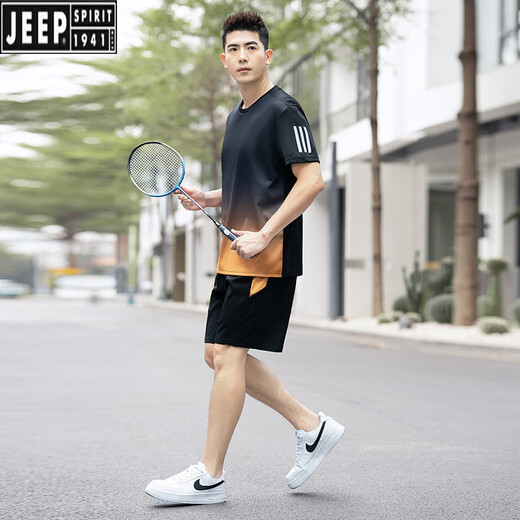吉普（JEEP）男士跑步速干休闲运动套装男夏季薄款加肥加大码短袖两件羽毛球服  蓝色 9902  L 90-110斤