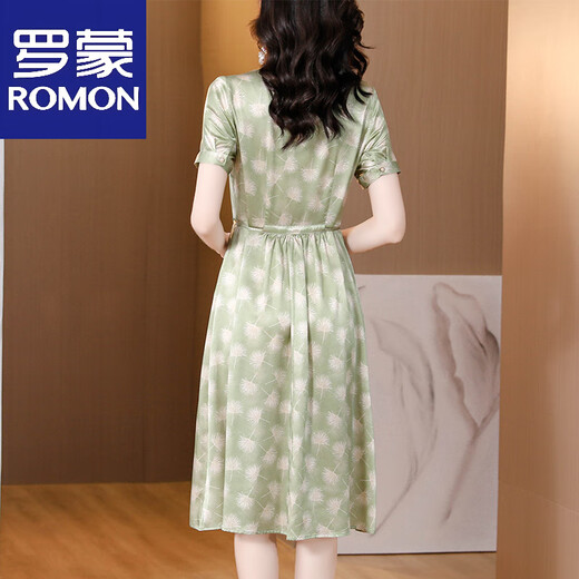 Romon (Romon) Mode gedruckte kurzärmelige modische Seidenkleidung für Frauen 2025 Sommer Mode Casual Luxus Satin Over-Knie Long Rock Green L.