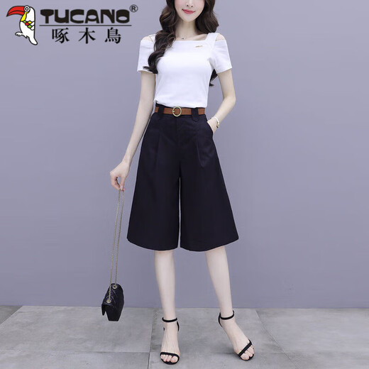 啄木鸟（TUCANO）单件/套装阔腿裤套装女夏2025新款洋气减龄时尚显瘦七分裤两件套 白色上衣+卡其阔腿裤 套装 M