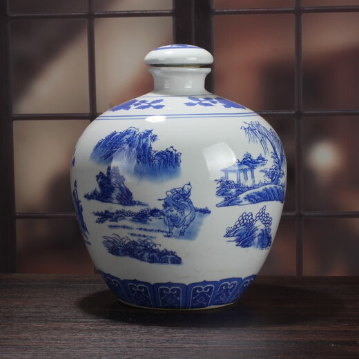 Xindeheng 5 Jin Jin is equal to 0.5 kg, blue and white porcelain, Jingdezhen ceramic wine bottles, wine jars, white wine bottles, empty bottles, wine bottles and jars, antique local pottery, 10 Jin Jin is equal to 0.5 kg, blue and white landscapes + wine cloth tassel sealing film