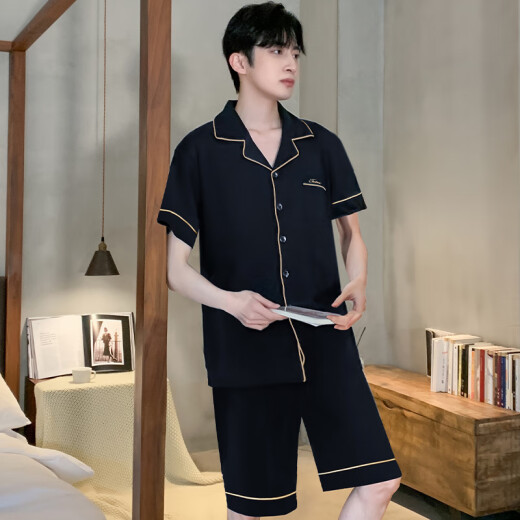 雅鹿睡衣男夏季夏天薄款冰丝短袖青少年可外穿男士2025新款家居服套装 12532【云朵棉绉布款】 M (建议身高165左右，体重90-11