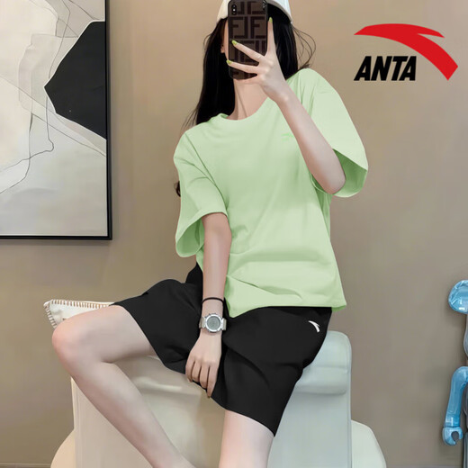 安踏（ANTA）运动套装女款宽松透气短袖短裤速干五分裤多巴胺T恤休闲显瘦 -7原木色/基础黑 M/170 适合100-120斤