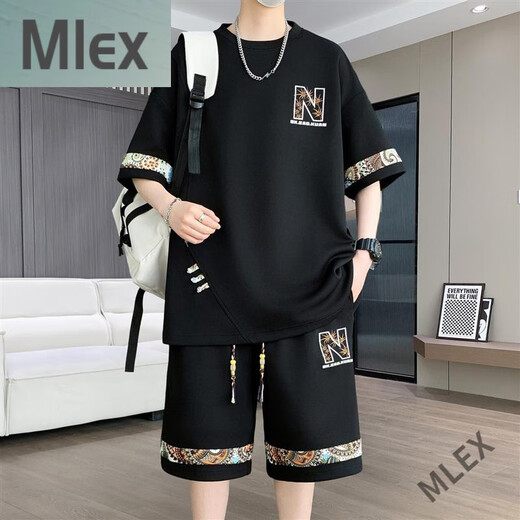 MLEX佳琳娜时尚男装冰丝短袖.t恤男青少年夏装国潮短袖休闲运动套装 6195【短袖套装】米白色 4XL 建议180200斤