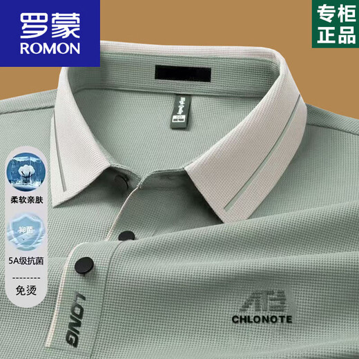 罗蒙（ROMON）男士长袖t恤2025春秋薄款中年爸爸翻领POLO打底衫秋装上衣 16823浅绿 M 165建议-120斤
