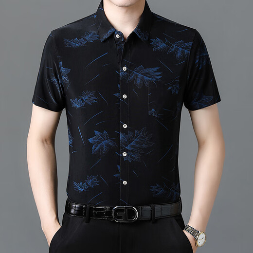 Sept loups (SW1960) 25 Summer Nouvelle chemise à manches courtes pour hommes Ice Silk Cool Thin Printing Shirdy Men's Shirt de l'âge moyen 9898 Gold 2xl 180