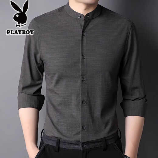 
Playboy solid color stand collar mercerated cotton shirt men's 2025 spring and autumn long-sleeved shirt casual inner Chinese collar inch shirt thin 9930 style rose red XL 180